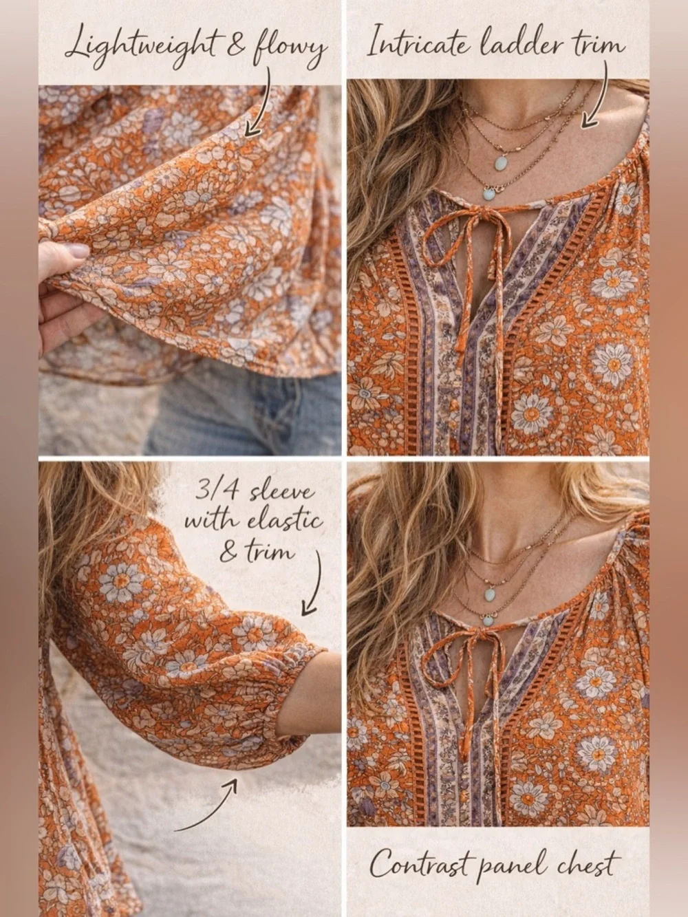 Festival Ready! DR2 boho peasant blouse floral tie front flowy rayon top M - Picture 3 of 12